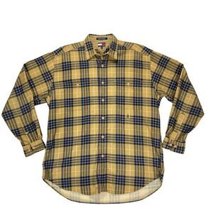 Tommy Hilfiger Flannel Shirt Mens Medium Yellow Navy Blue Plaid Long Sleeve